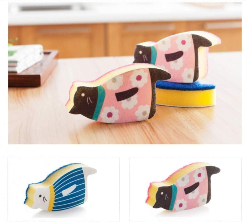 Skiennix Cat Dish Sponge Scrubber - Effective Dishwashing Cloth Set of 4 | Blue & Pink Colors