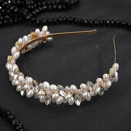 Teyglen Pearl Bride Wedding Headband Bridal Crystal Rhinestone Beads Headband Gold Silver Crystal Headpiece Elegant Hair Hoop Band Wedding Hair Accessories for Women Girls (Gold)