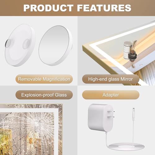 Hasipu Vanity Mirror with Lights, 41.3" x 30" LED Makeup Mirror, Lighted Makeup Mirror with Dimmable 3 Modes, Touch Screen Control Vanity Mirror Round White