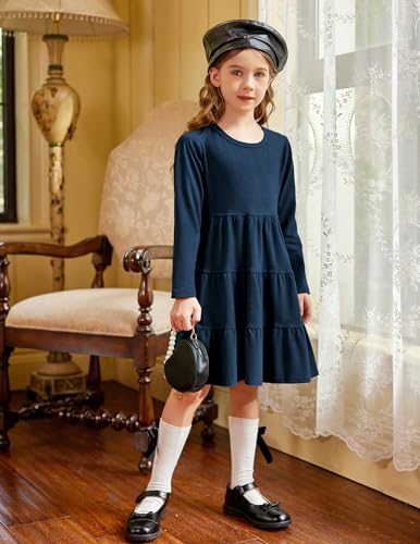 Arshiner Girls' Super Soft Cotton Long Sleeve Tiered Dress, Dark Blue, 120(Age for 5-6Y)