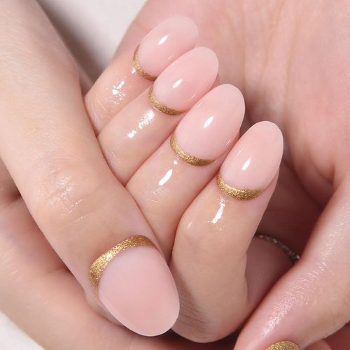 Evpct Nude Pink French Press-On Nails | Short Oval Design with Gold Foil Accents | Reusable Soft Gel Kit