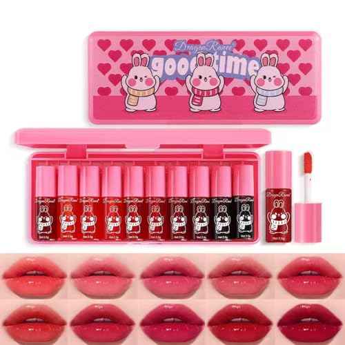 Eakroo 10 Colors Lip Tint Stain Set, Korean Lip Gloss Watery Lip Stain Moisturizing Mini Liquid Lipstick Set, Blush for Cheeks, Lipstick for Women, Non-Stick Cup, Long-Lasting, Vivid Color (Set B)