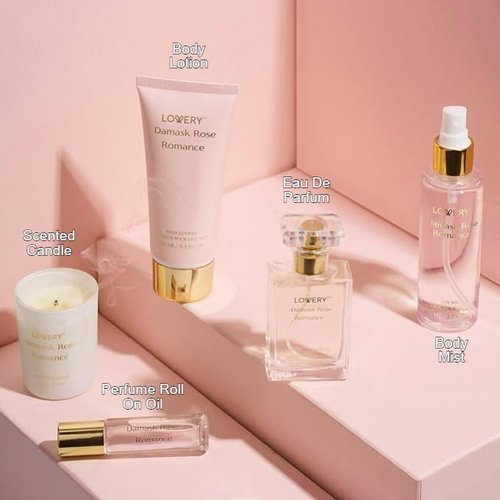 Damask Rose Romance Spa Kit - Luxurious Self-Care Gift Set for Women | Includes Soy Candle, Perfume Roll-On, Body Lotion & Mist