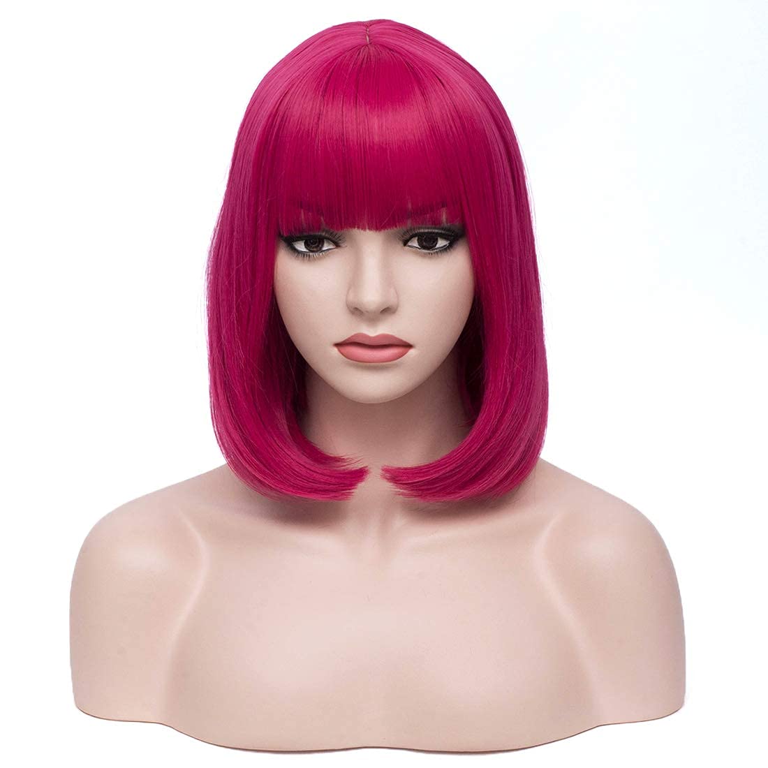 BERON 12 Inches Dark Pink Wig Short Straight Bob Hot pink Wig with Bangs for Women Halloween Cosplay or Daily Use Wigs (Dark Pink)