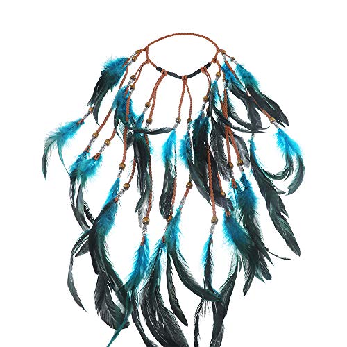 AWAYTR Boho Headdress Feather Headband Accessories Feather Elastic Gypsy Festival Headband Indian Fancy Headpieces 1970s (Blue)