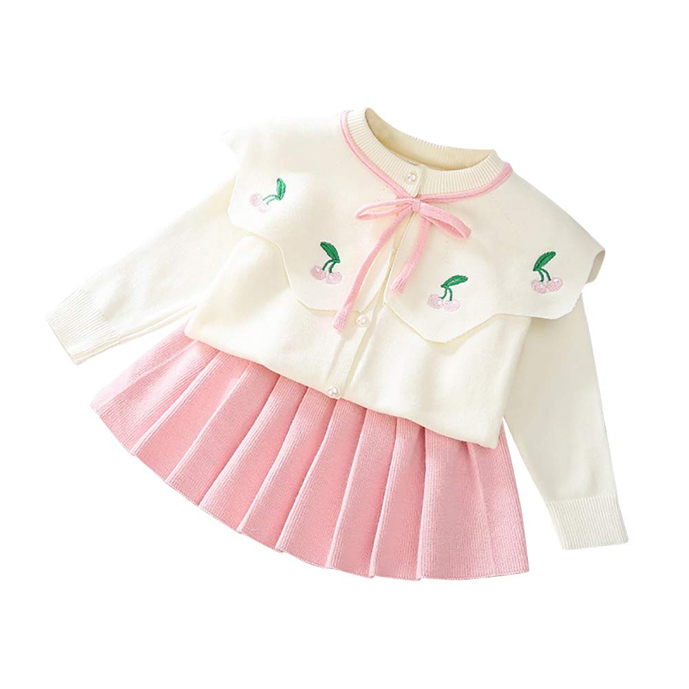 Toddler Baby Girls Autumn Winter Clothes Knit Button up Long Sleeve Ruffle Bowknot Sweater Cardigan Tops+Pleated Mini Tutu Skirt 2pcs Outfit Princess Dress up Costume for Kids Pink-Cherry 4-5 Years