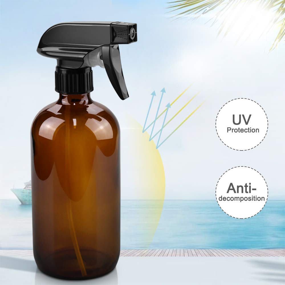 Worldgsb 16oz Amber Glass Spray Bottles - Reusable with Labels & Adjustable Nozzle for Cleaning, Food, Plants