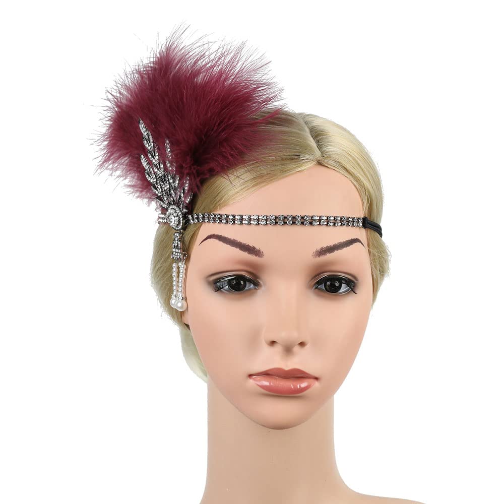 1920s Flapper Feather Headband Art Decor Gatsby Rhinestone Leaf Medallion Imitation Pearl Headpiece Hair Accessories Women (Wine Red)