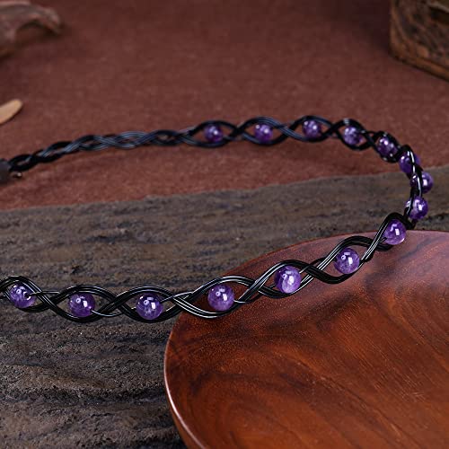 CoTeeZa Handmade Amethyst Braided Crown Fairy Elven Circlet Viking Healing Crystal Headband Tiara for Women Men Renaissance Cosplay Headpiece for Gift Wedding Prom Quinceanera Meditation