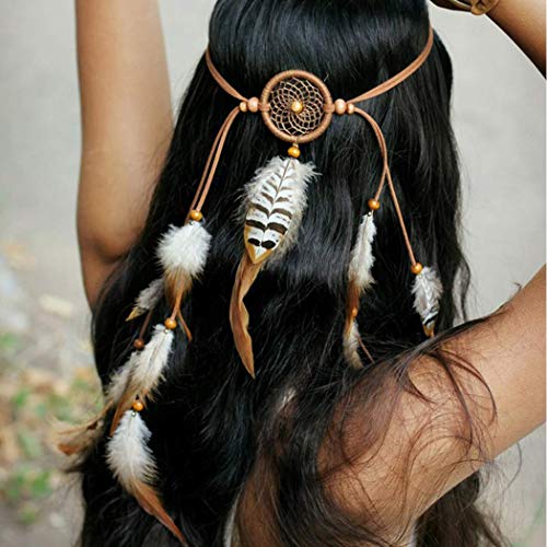 Uranian Boho Feather Headbands Dream Catcher Hair Band Hippie Gypsy Headwear Handmade Rope Headdress Tassel Headpieces for Masquerade Costume Hair Accessories for Women and Girls (1*Brown)