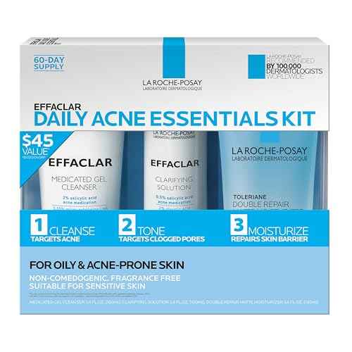 Effaclar Daily Acne Essentials Kit, Acne Treatment System, Salicylic Acid Acne Cleanser, Pore Refining Toner, & Matte Face Moisturizer for Oily Skin & Combination Skin, Oil-Free, 2 Month Supply