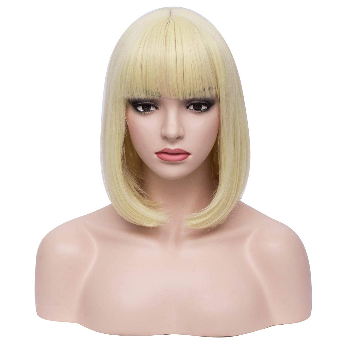 BERON 12 Inches Blonde Bob Wig Short Straight Blonde Wig with Bangs for Women Halloween Cosplay or Daily Use Wigs (Blonde)