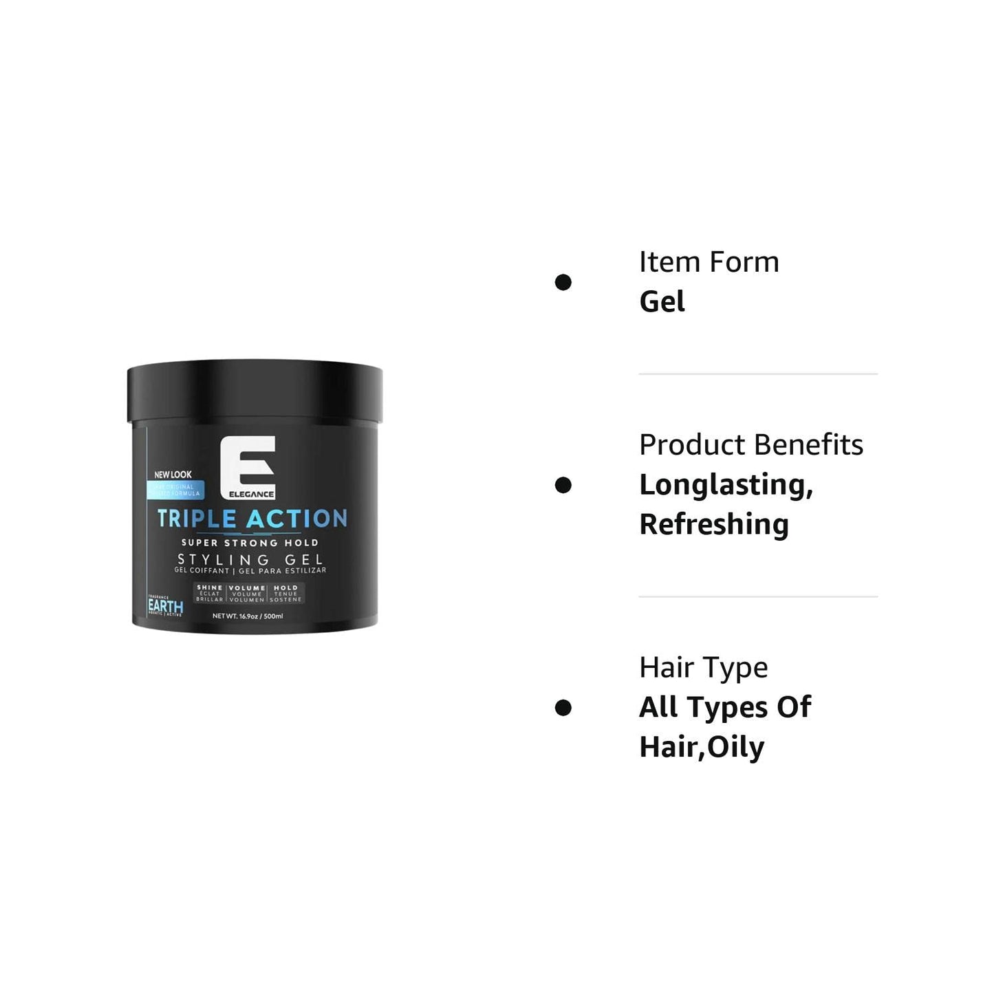 E Elegance Earth Fragrance Hair Gel - Super Strong Hold & Extreme Volume | Flake-Free, 8.45oz