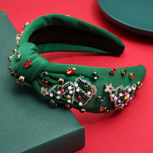 Christmas Headband Red Green Rhinestone Crystal Jeweled Knotted Heabdand Festive Holiday Wide Top Knot Hairband Headpiece Christmas Party Costume Accessories Gift (green Christmas tree headband)