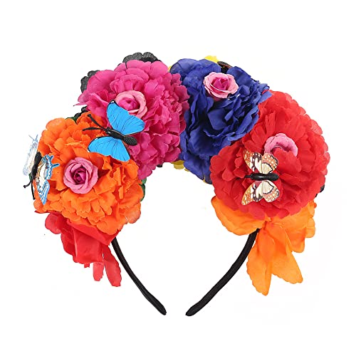 Mexican Flower Crown Headband with Butterfly, Day of the Dead Headpiece, Halloween Easter Festival Headwear, Dia De Los Muertos Hairhoop (Mexican B)