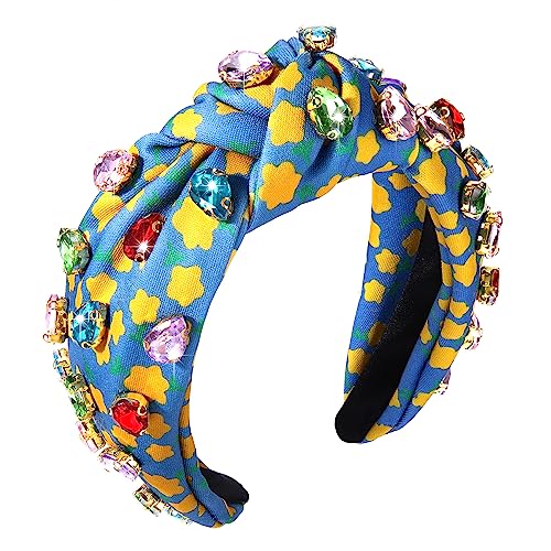 Crystal Knotted Headband for Women Colorful Rhinestone Jeweled Embellished Flower Printed Wide Top Knot Hairband Vibrant Floral Pattern Turban Hair Hoop Funny Gift for Ladies Girls Sister