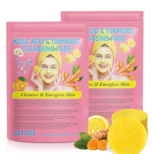 Kojic Acid and Turmeric Cleansing Pads, 80pcs Turmeric Kojic Acid Cleansing Pads with Vitamin B5, Vitamin C Turmeric, Face Pads, Sugar Turmeric Cleansing Pads for Face