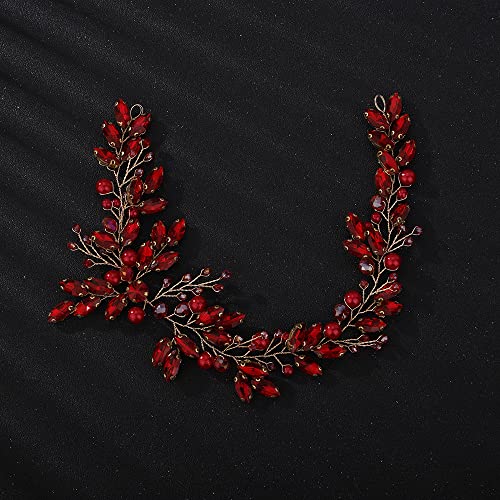 Teyglen Rhinestones Pearls Crystal Bridal Headband Hair Vine, Handmade Headpieces for Brides and Women (Red)