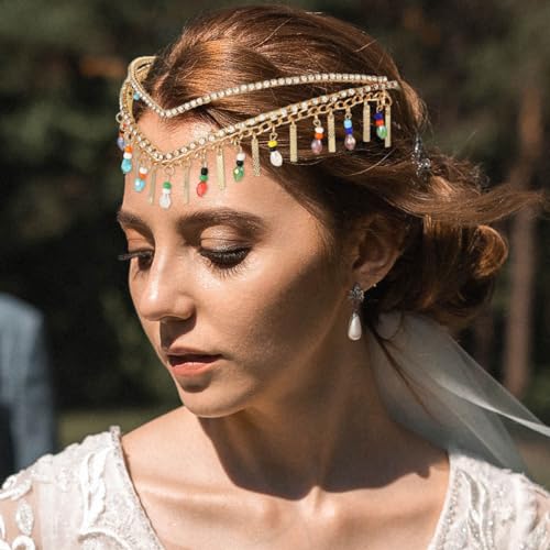 Catery Gold Bridal Headband Goddess Headbands Tassel Rhinestone Hairband Bead Bridal Headdress Headpiece Wedding Hair Accessories for Women and Girls… (A-Beaded)