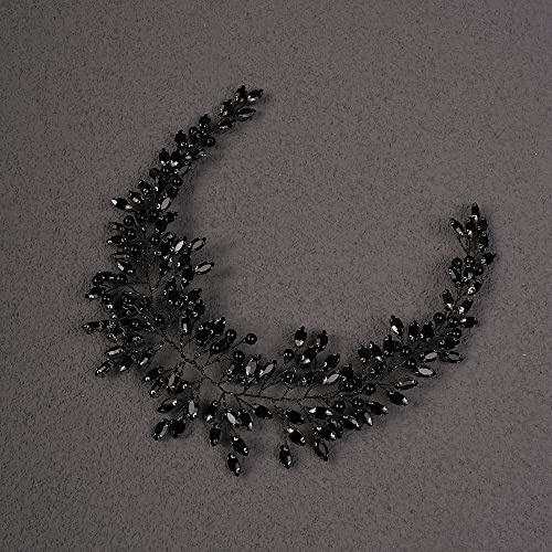 Teyglen Bride Wedding Rhinestone Crystal Long Headband Hair Vine Bridal Black Pearl Crystal Headband Wedding Hair Accessories for Bride Hair Pieces Black Headpiece for Women Girl (Black)