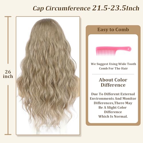 SAPPHIREWIGS Brown Headband Wigs Synthetic Long Loose Wavy Hair Mix Light Brown Hair Glueless Headband Wigs Body Wave Wigs for Women Half Wigs with Headbands Attached Daily Use 26 Inch