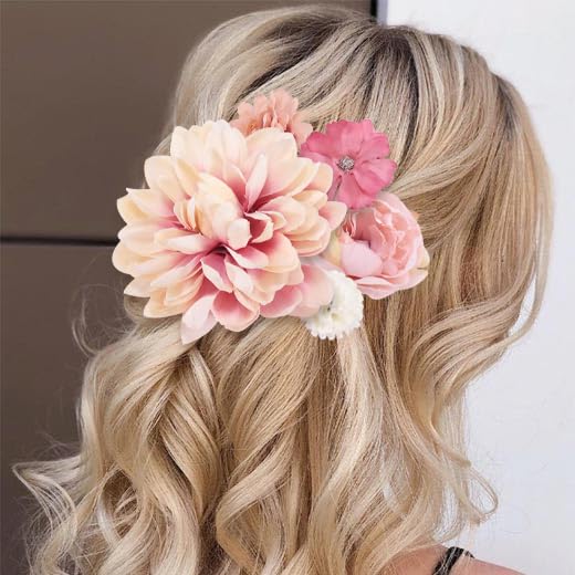 TUCEWP Hair Clip for Women, 5Pcs Pink Flowers for Hair - Tropical Flower Hairpin, Hibiscus Hair Clip, Large Rose Hair Barrettes, Chiffon Flower Hair Accessories for Beach Party, Bridal Wedding Decor