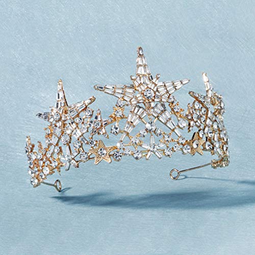 Beaupretty Bridal Crown Crystal Tiara Crowns Star Rhinestones Headband Princess Crown Women Rhinstone Headbands Bridal Wedding Prom Birthday Party Headpiece (Golden)