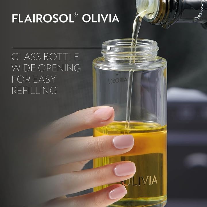 FLAIROSOL Olivia Signature Oil Sprayer - Advanced Fine Mist Cooking Spray Bottle, 130ml | Refillable Glass for Air Fryer & BBQ (Golden Leaves)