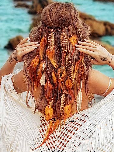 GENBREE Boho Feather Headband Gypsy Headpiece Bohemian Hippie Headbands Indian Hair Band Long Feather Hair Accessories for Women (Pattern 1)