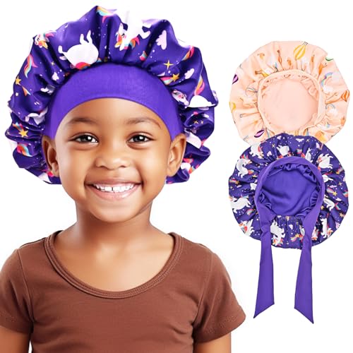 Lolalet 2 PCS Kids Bonnets for Girls, Reversible Silk Bonnet for Sleeping Satin Bonnet Cap with Wide Elastic Band -Purple & Pink