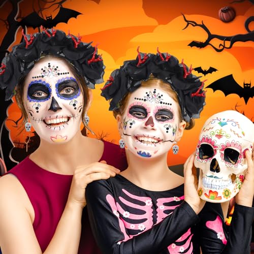 Riceshoot 3 Pcs Day of the Dead Costumes Accessories for Women Halloween Headbands Skull Earrings Gems(Black Hue)