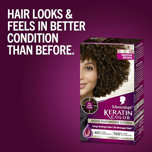 Schwarzkopf Keratin Color Permanent Hair Color, 5.0 Medium Brown, 1 Application - Salon Inspired Permanent Hair Dye, for up to 80% Less Breakage vs Untreated Hair and up to 100% Gray Coverage