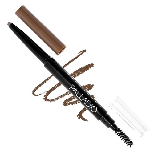 Palladio Brow Definer Retractable Pencil, Triangular Tip Fills Brows for a Natural Look, Tame and Shape Eyebrows with Spoolie Brush, Eyebrow Shaper, Buildable Light to Dark Colors, (Medium Brown)