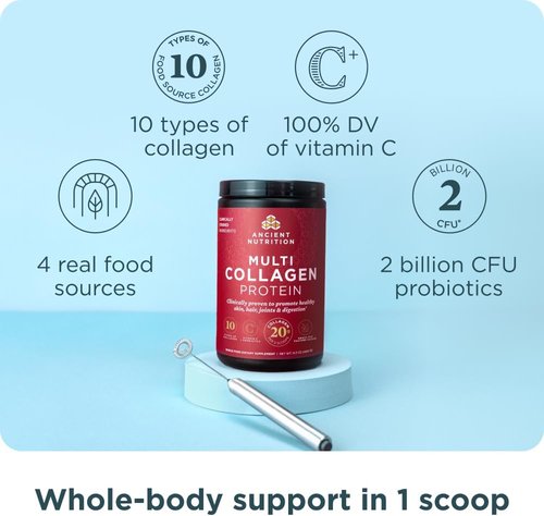 Ancient Nutrition Collagen Peptides Powder - Multi Collagen Protein with Vitamin C & Probiotics | Unflavored, 60 Servings for Skin, Joints & Gut Health
