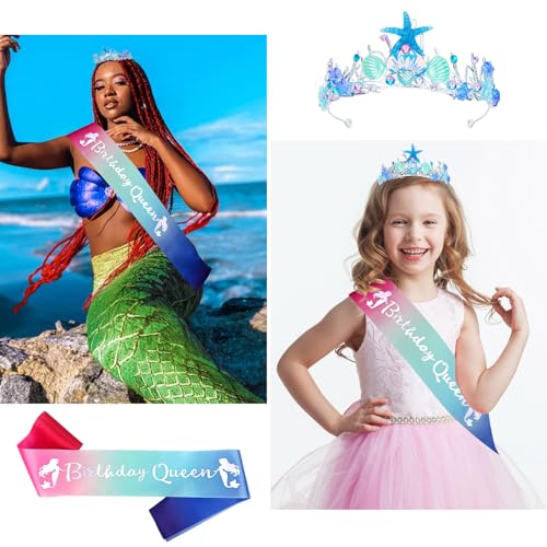 YARIEW Mermaid Birthday Crown and Birthday Queen Sash Mermaid Birthday Decorations Mermaid Party Decorations for Girls Birthday Sash for Women Mermaid Birthday Party Favor