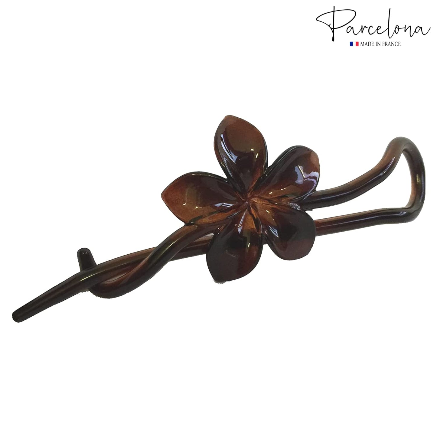 Parcelona French Twist n Clip Flower, Bow and Chain 4" Celluloid Metal Free Hair Barrette Clips Women Hair Accessories, Made in France (Tortoise Shell Brown)