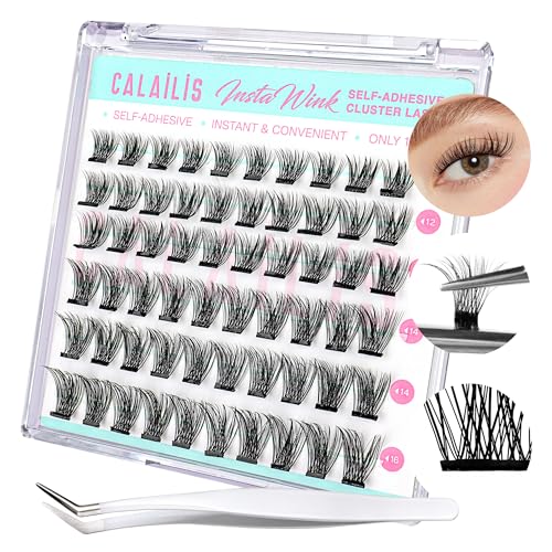 CALAILIS Self Adhesive Eyelashes 60Pcs D Curl Press on DIY CLuster lashes No Glue Needed Wispy Lash Clusters Pre Glued Reusable Glueless Eyelash Clusters Kit with Tweezers for Beginners (703)