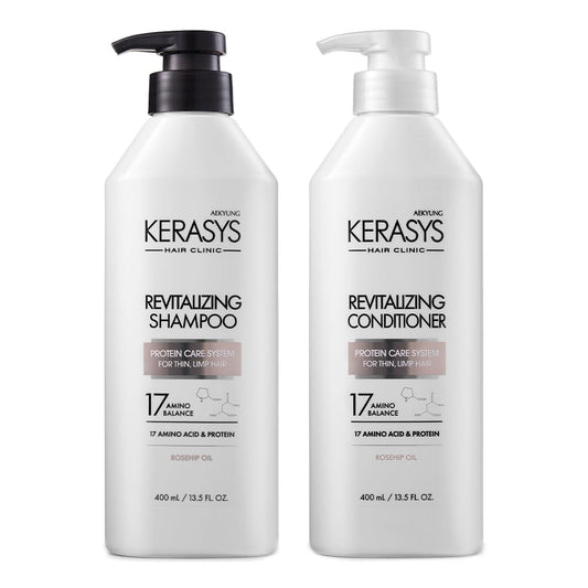 Kerasys Hair Clinic Protein Care System for Thin Limp Hair Rosehip Oil REVITALIZING 13.5 fl oz / 400 ml (Shampoo + Conditioner Set)