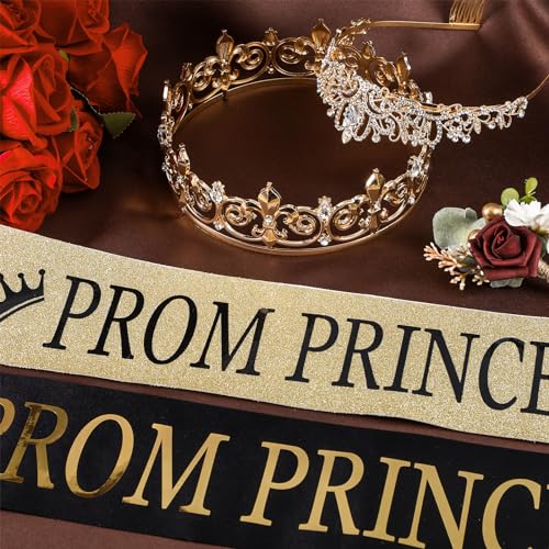 Saintrygo Prince and Princess Crowns Prom Court Sashes Prom Party Favors 80s Prom Tiara Shiny Satin Cosplay for Graduation (Artistic Style)