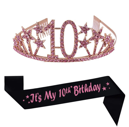 Happy 10th Birthday Tiara and Sash Gifts Crystal Rhinestone Princess Crown Birthday Girl Party Favor Supplies Pink Crowns Black Sash