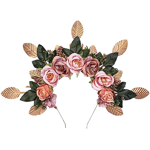 COSUCOS Flower Halo Crown Headband Fairy Headpiece Goddess Woodland Witch Hair Accessory Photoshoot Props Cosplay Party Leaves Baby Shower Outdoor Wedding Pink Rose