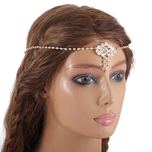 Blindery Rhinestone Head Chain Jewelry Bridal Chain Headpiece Crystal Hair Chain Jewelry Festival Wedding Halloween Hair Accssory for Women and Girls (Gold1)