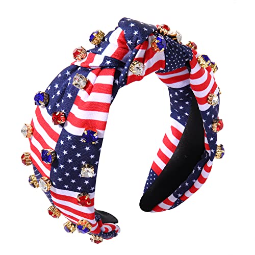 Crystal Velvet Headband American Flag Cross Knotted Turban Headdress Patriotic rhinestone Statement Wide Hair Band Hoop Accessories For Women Girls (Red White Blue)