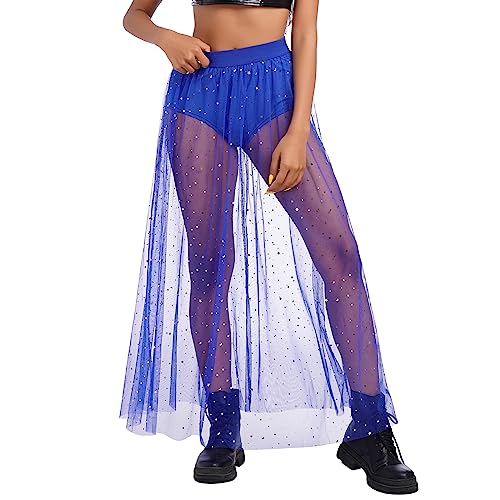 Women's Sheer Mesh 2 in 1 Glitter Sequin Elasticized High Waist A Line Party Maxi Skirt Sparkle Galaxy Sequin Tulle Cover ups Festival Outfits Costume Royal Blue S