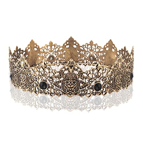 LEEMASING King Men Gold Tiara Crown Imperial Medieval Headband Crystal Pageant Costumes For Wedding Halloween Faire Birthday (Dark Gold With Black Stone)