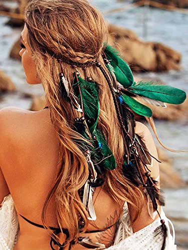 CAKURE Boho Feather Headbands Indian Headdress Gypsy Headpiece Peacock Hair Bands Bohemian Hippie Headbands Adjust Headwear Long Feather Hair Accessories for Women and Girls (Type C)