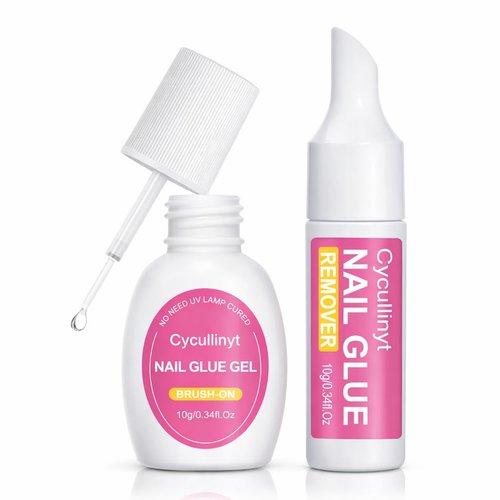 Cycullinyt Super Strong Nail Glue Gel for Press On Nail Tips: 10g No UV Lamp Needed Quick Dry Brush On Gel Glue with 10ml Remover for Nail Tips Long Lasting Fake Acrylic Nails Glue Gel