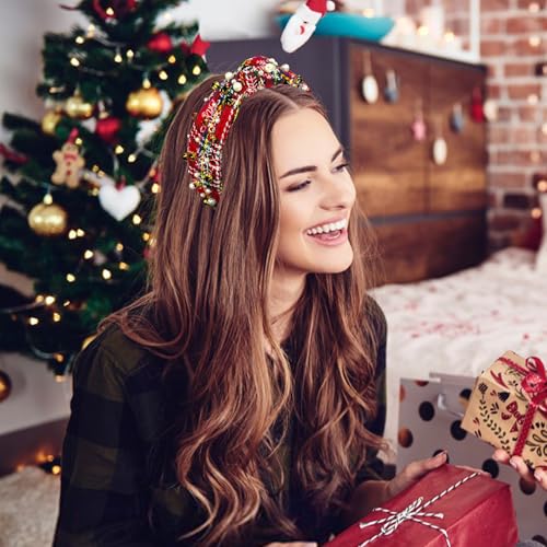 Yoolhamy Christmas Headband for Women Braided Crystal Jeweled Hair Band Xmas Plaid Top Knotted Rhinestone Headbands