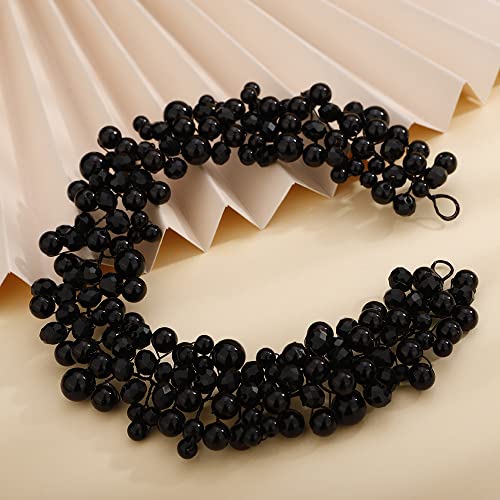 Teyglen Wedding Bride Pearl Crystal Headband Hair Vine Handmade Bridal Black Rhinestones Beads Headband Wedding Hair Accessories for Brides Hair Pieces Headpieces for Women Girl (Black)