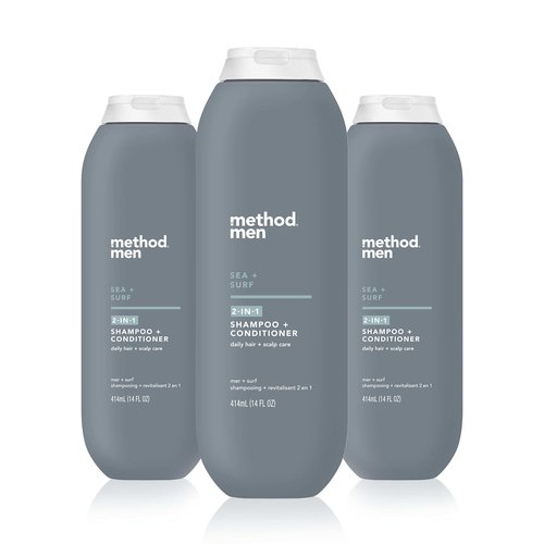Method Men 2-in-1 Shampoo and Conditioner, Sea + Surf - Cleans and Conditions with Argan and Jojoba Oil - Made without Parabens - 14 oz, Pack of 3